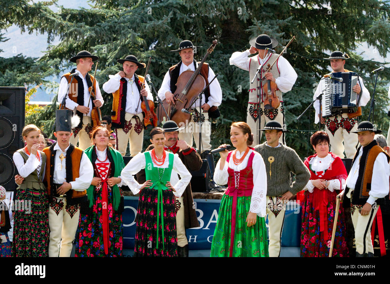 Polish Highlanders folk dancers and musicians perform at the Trailing of the Sheep Festival in Hailey, Idaho, USA. Stock Photo