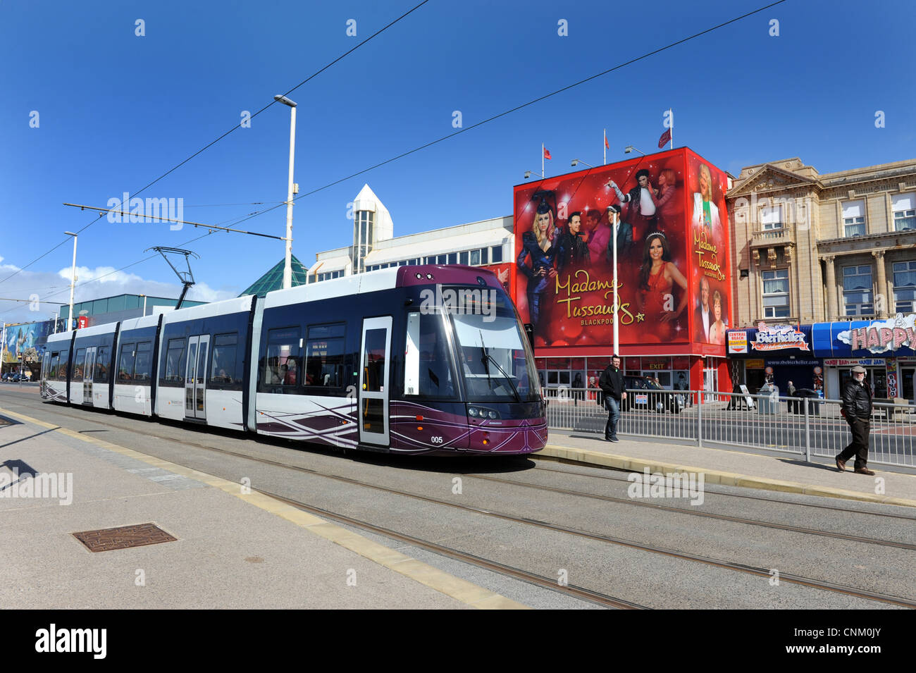 A new Blackpool tram at Central Pier Station in Blackpool Uk the new Bombardier trams went into service April 2012 Stock Photo