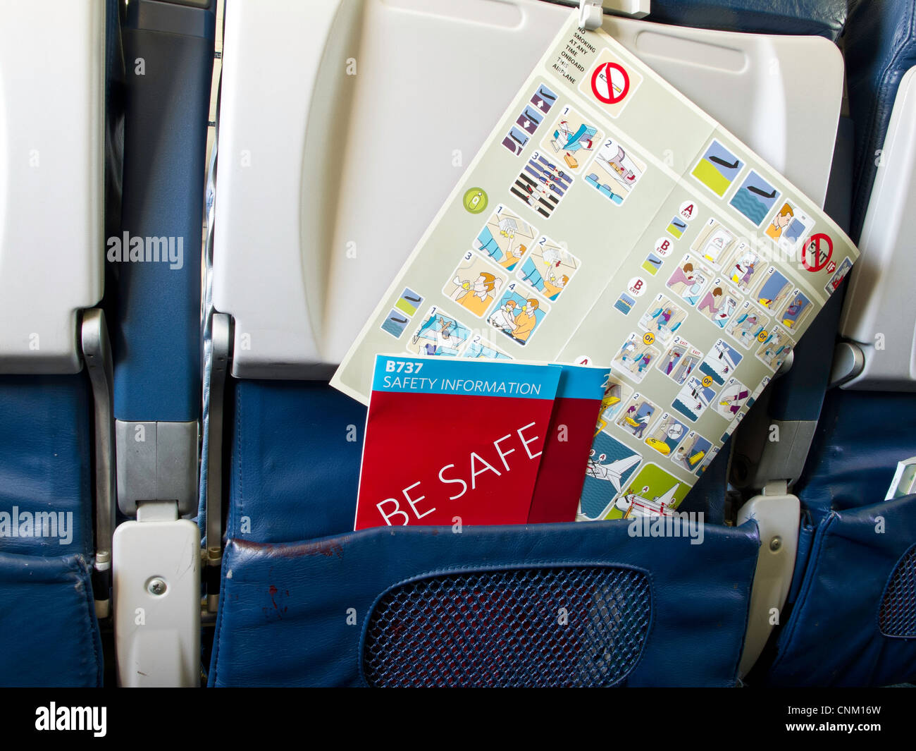 Be Safe safety information brochure in seat pocket on plane Stock Photo -  Alamy