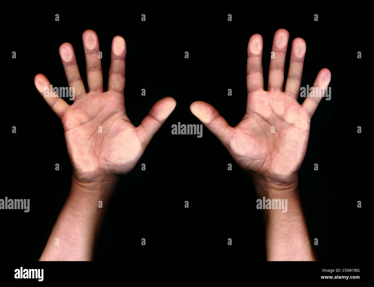 Two hands held up to surrender Stock Photo Alamy