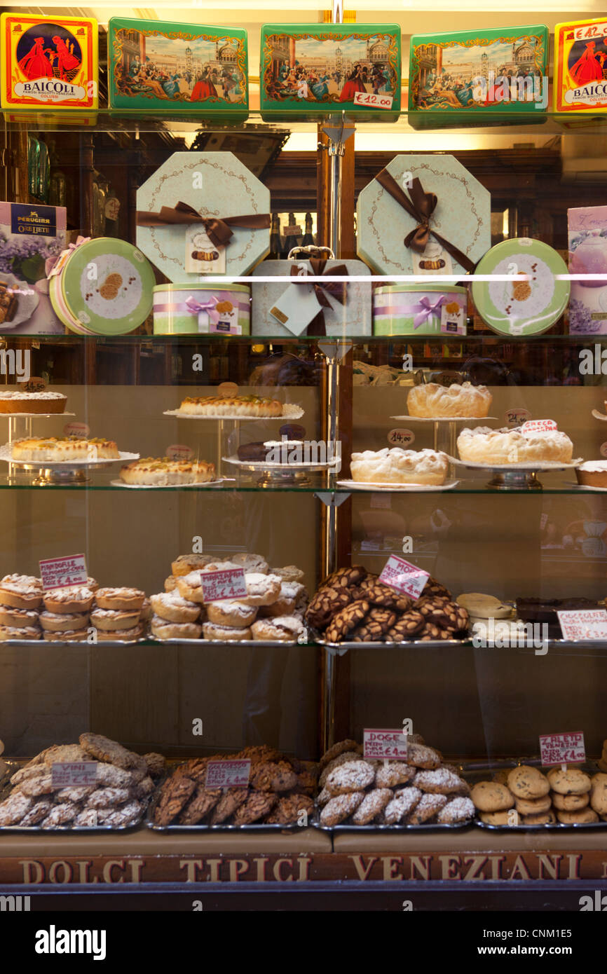 Cake shop window of traditional pastries in Venice, Italy Stock Photo