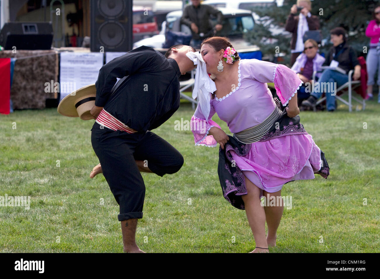 Peruvian dancers perform at the Trailing of the Sheep Festival in Hailey, Idaho, USA. Stock Photo