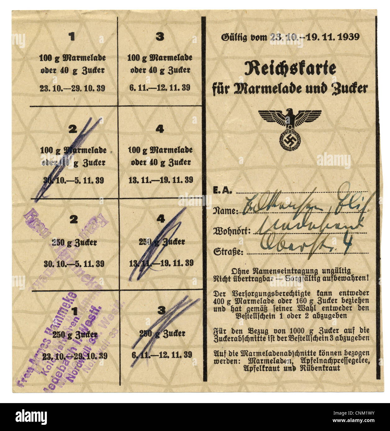 Ration card for sugar, 1930, Germany, Europe Stock Photo