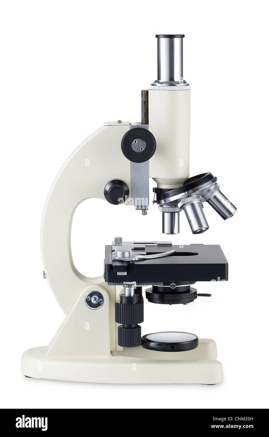 side view of a microscope isolated on white with clipping path Stock Photo