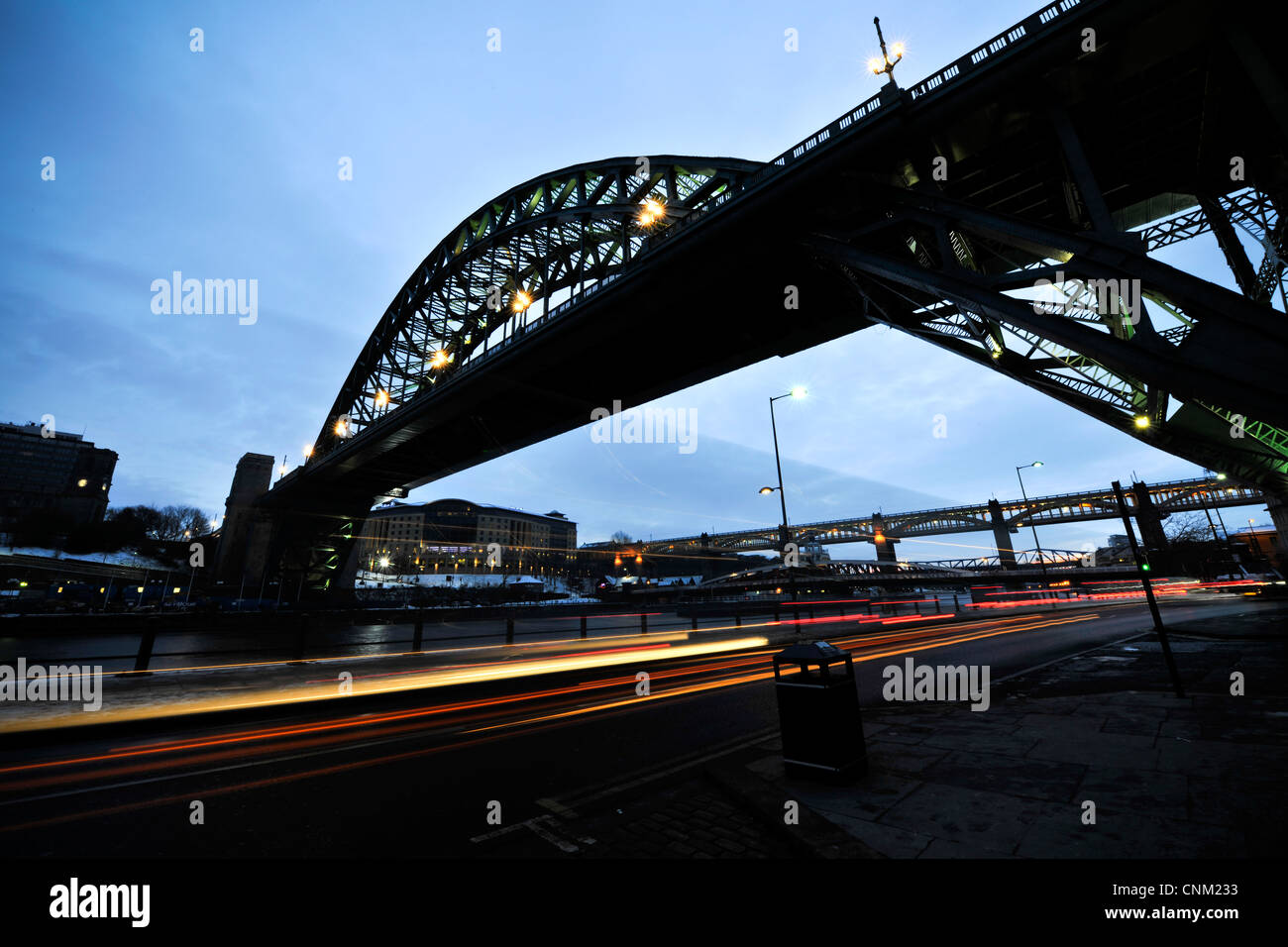 Tyne bridge, Newcastle at dusk with car headlight streaks Stock Photo