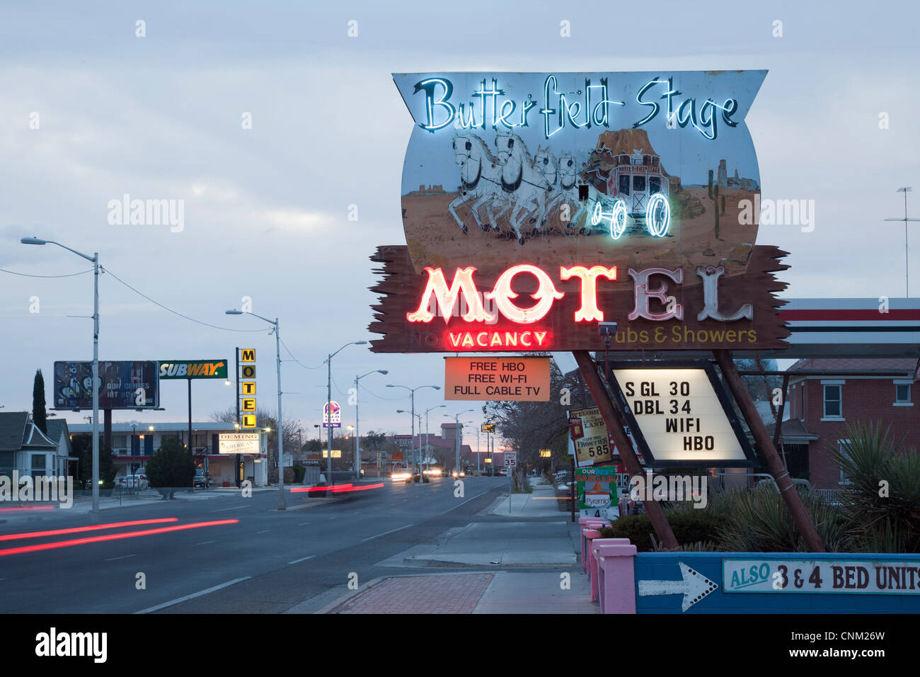 Butterfield Stage Motel and highway, Deming, New Mexico. Stock Photo
