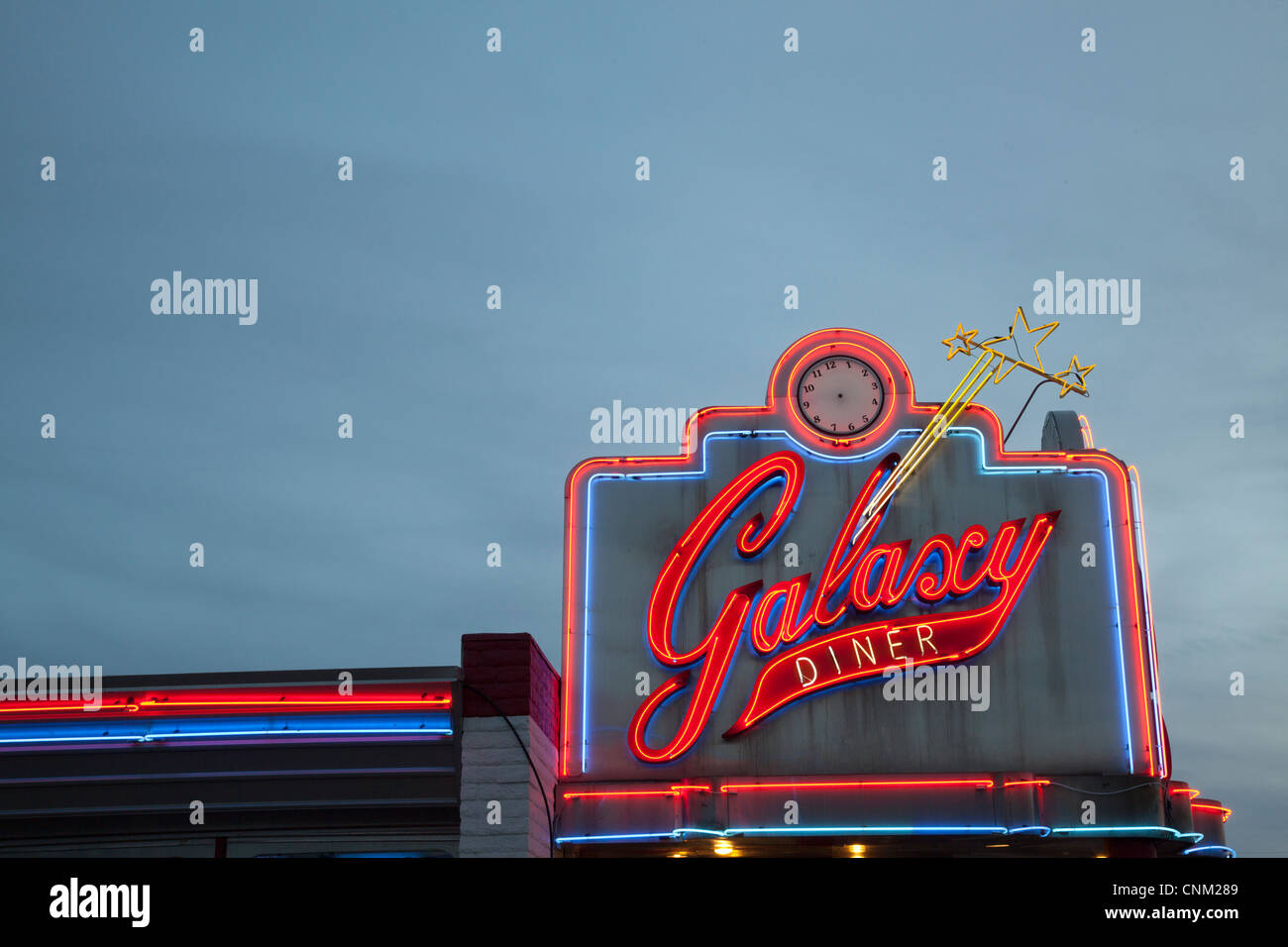 Neon sign of Galaxy Diner on Route 66, Flagstaff, Arizona. Stock Photo