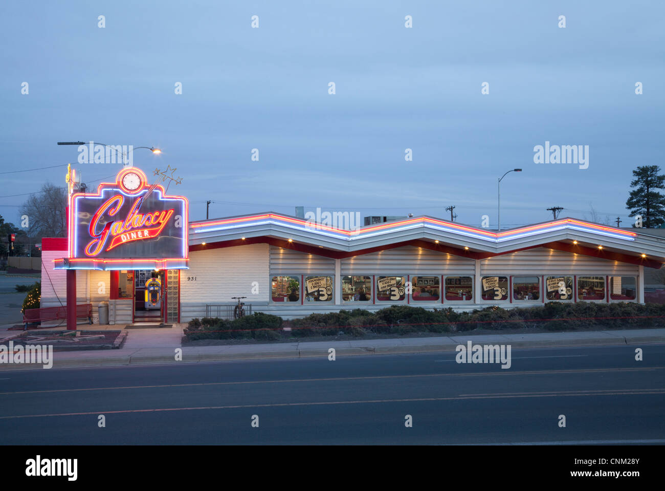 Neon-lit Galaxy Diner on Route 66, Flagstaff, Arizona. Stock Photo