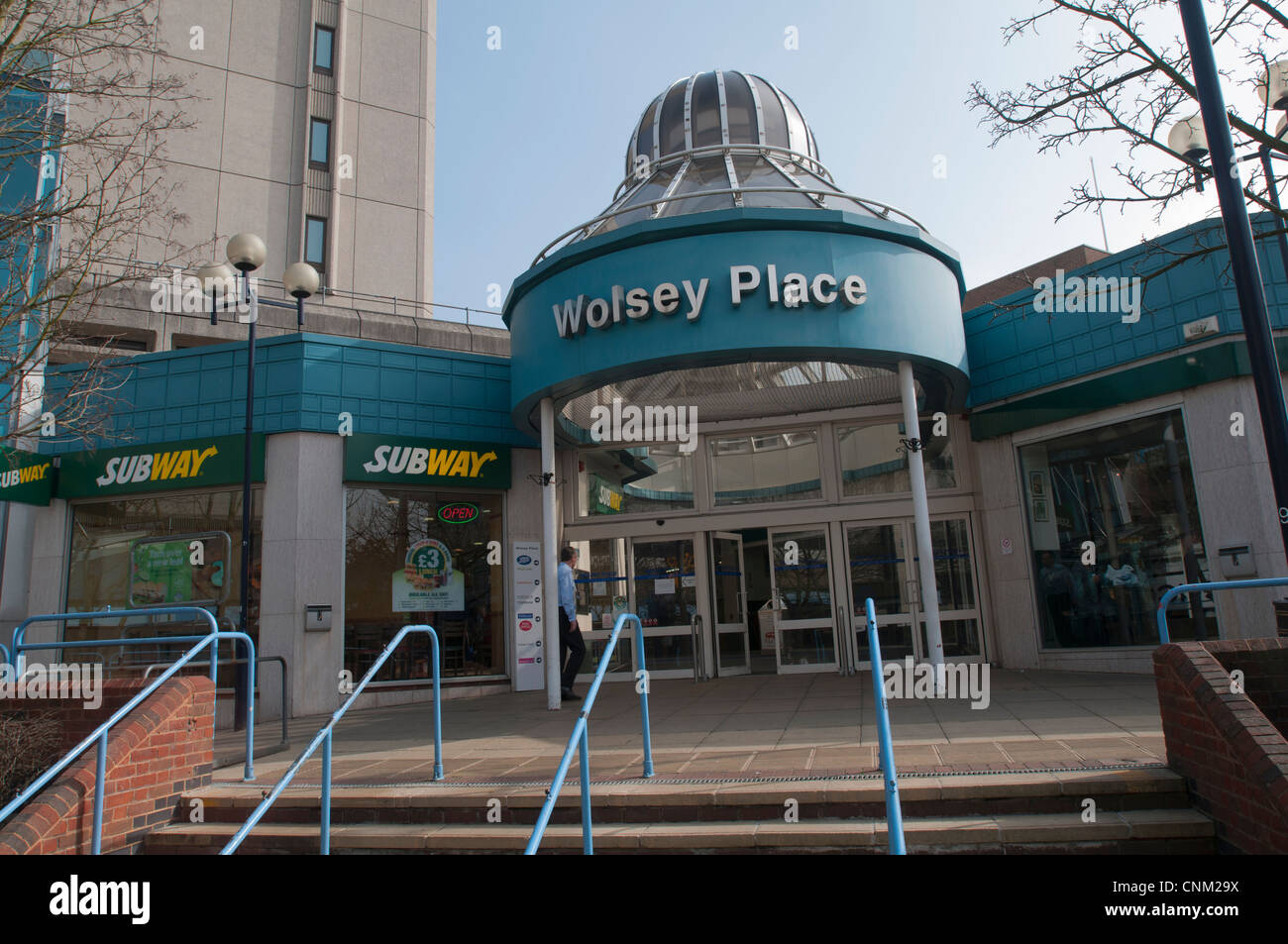Entrance to Wolsey Place shopping centre in Woking, Surrey, England. EDITORIAL USE ONLY Stock Photo