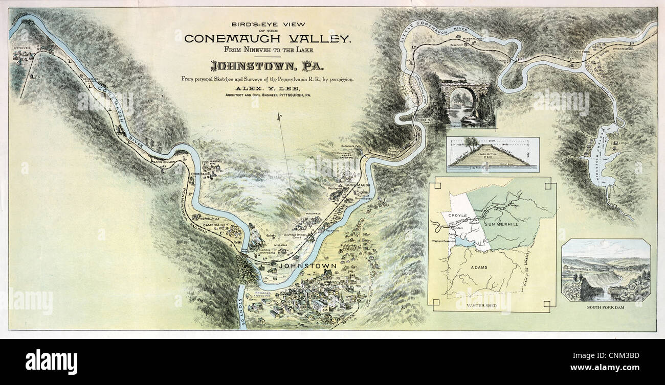 Bird's eye view of the Conemaugh Valley from Nineveh to the lake, Johnstown, Pennsylvania, 1889 Stock Photo
