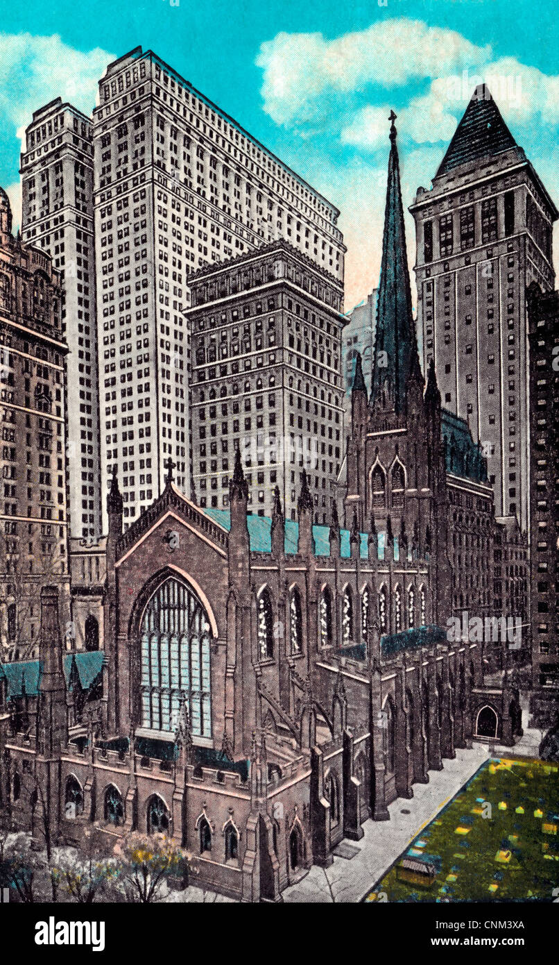 Trinity Church and skyscrapers, New York City, circa 1920 Stock Photo