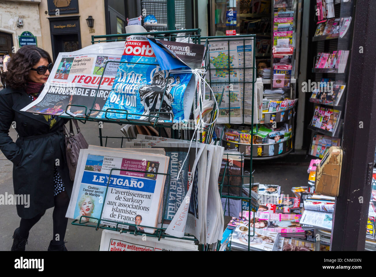 Paris, France, French News Stand Store, Kiosk, on Street With Newspapers on Display, newsagent exterior, kiosque a journaux Stock Photo