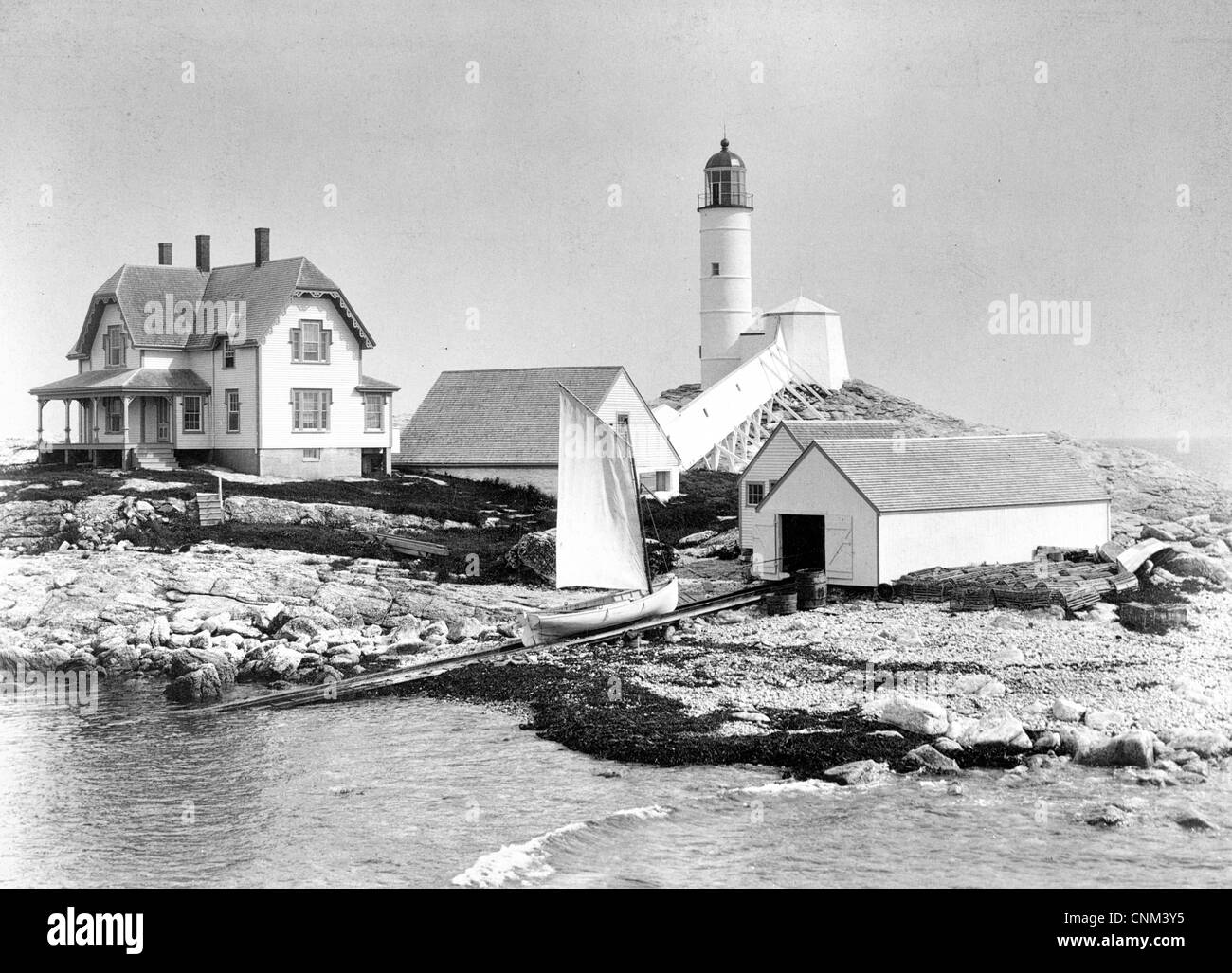 White Island Lighthouse  and dwelling, Isle of Shoals, New Hampshire, circa 1888 Stock Photo