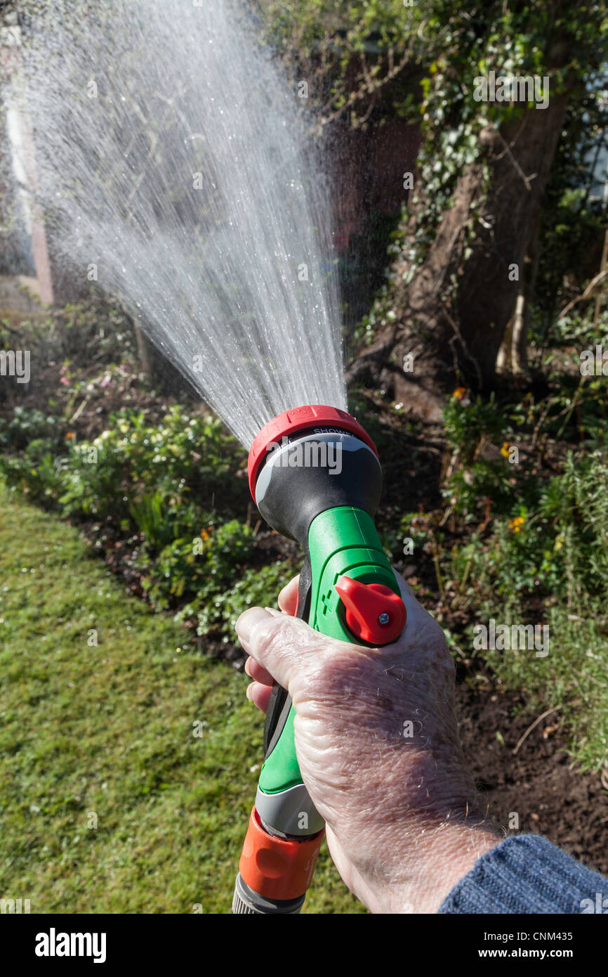Green garden hose with spray head attachment Stock Photo - Alamy