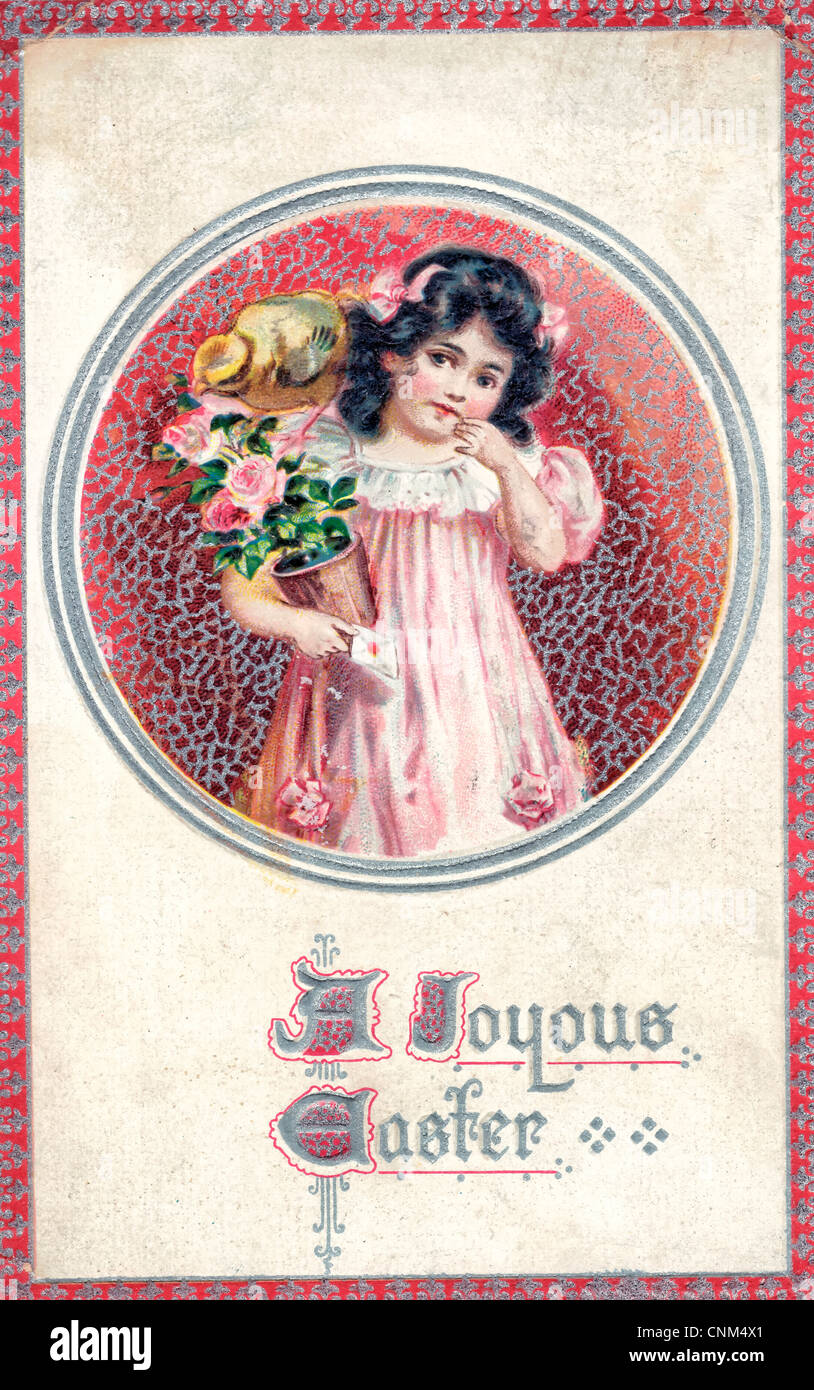 A joyous Easter - a little girl in a pink dress holding flowers Stock ...