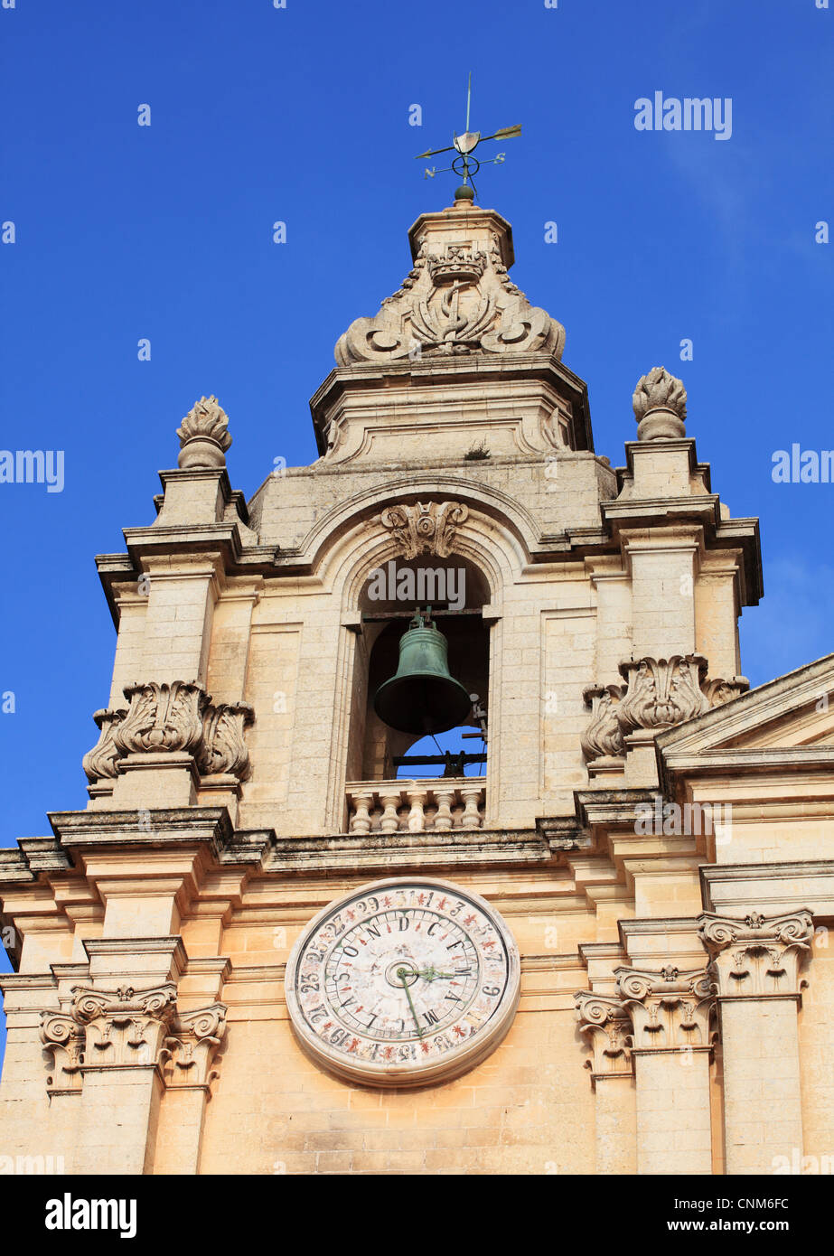 Bell tower and clock on St Paul's cathedral Mdina, Malta, Europe Stock