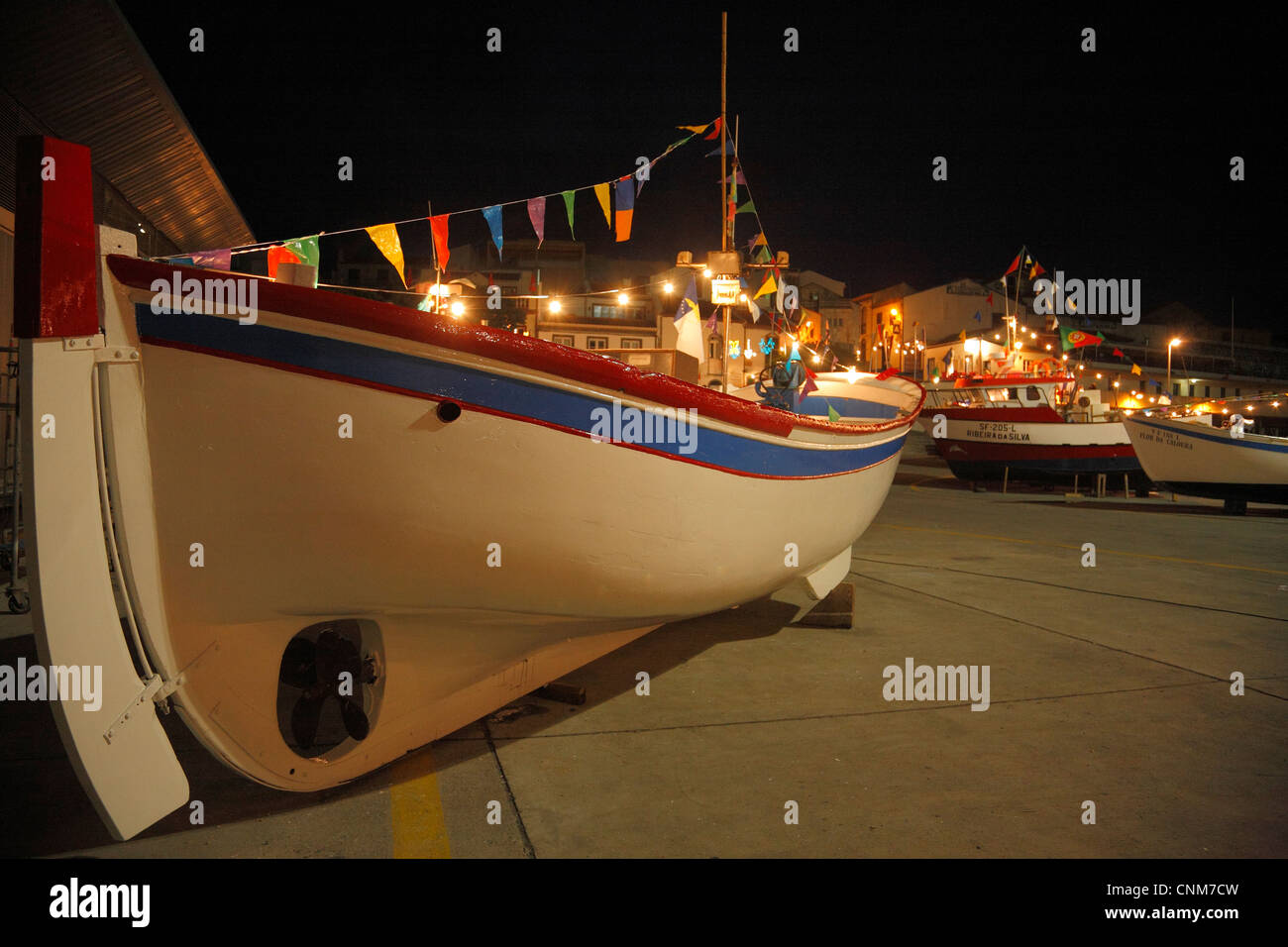 Decorated fishing boats during fishermen's fest Festa do Irró. Vila Franca do Campo, Azores. Stock Photo