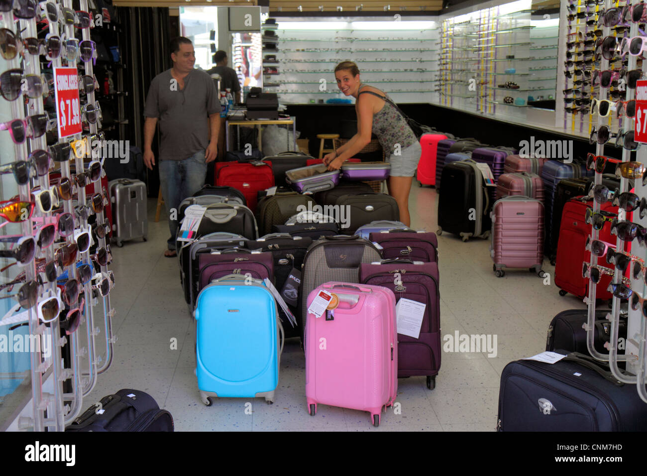 Miami Beach Florida,Lincoln Road mall,store,stores,businesses,district, luggage,suitcases,sunglasses,retail products,display case  sale,merchandise,pack Stock Photo - Alamy