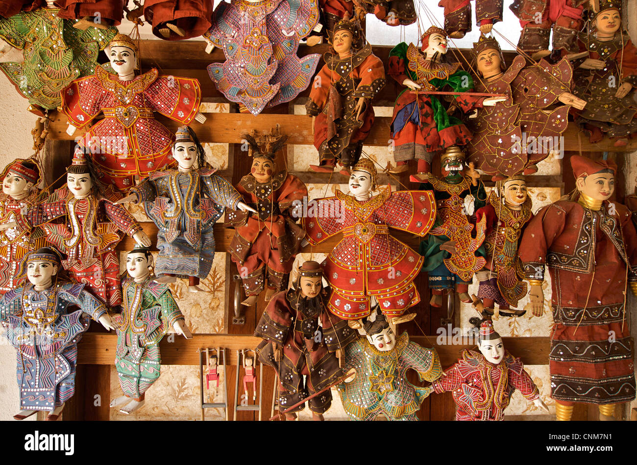 Selection of handmade Burmese puppets for sale. Burma Stock Photo