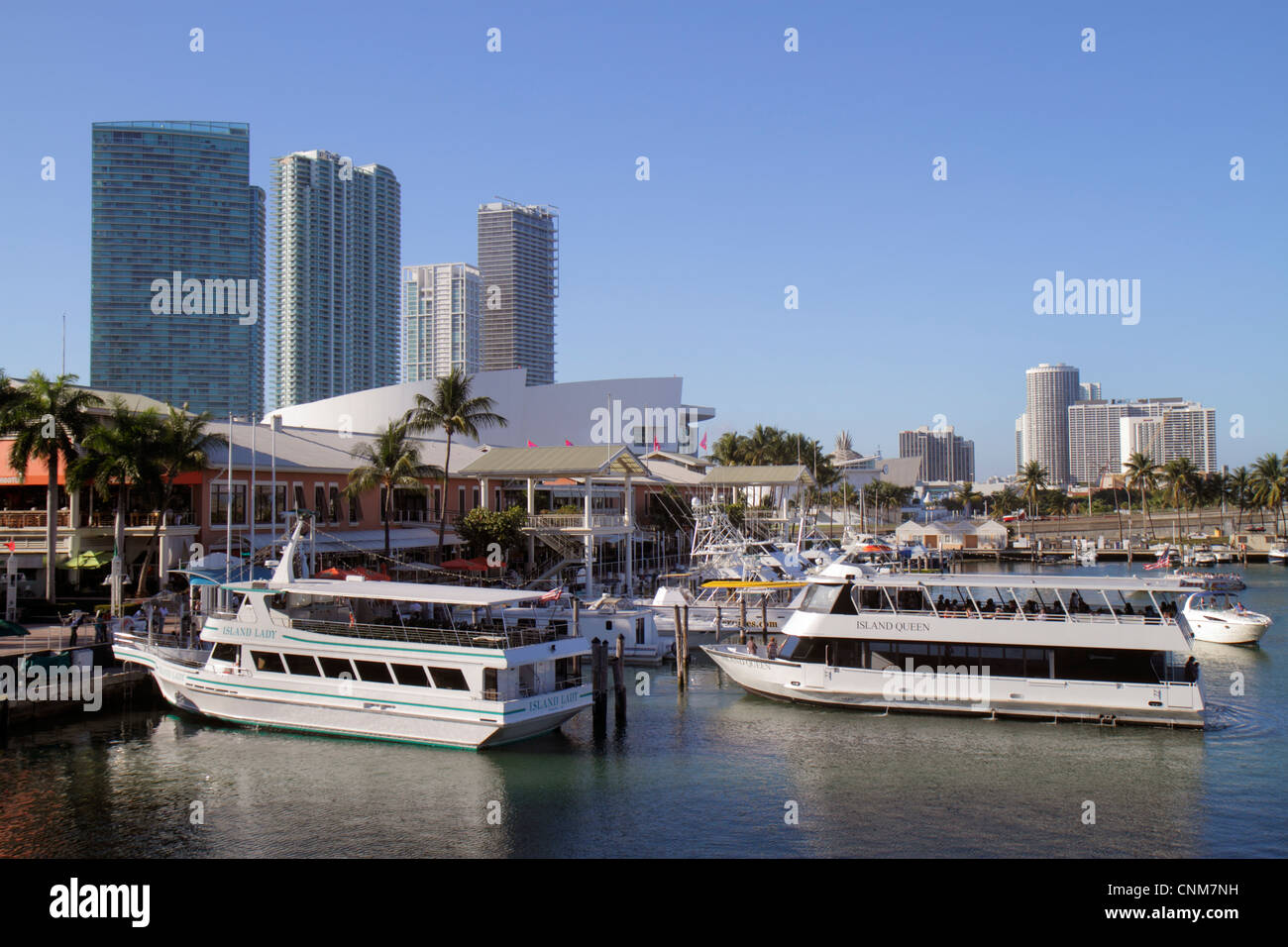 Miami Florida,Bayside Marketplace,Marina,Biscayne Bay,Island Queen,tour boat,high rise,condominiums,FL120311083 Stock Photo