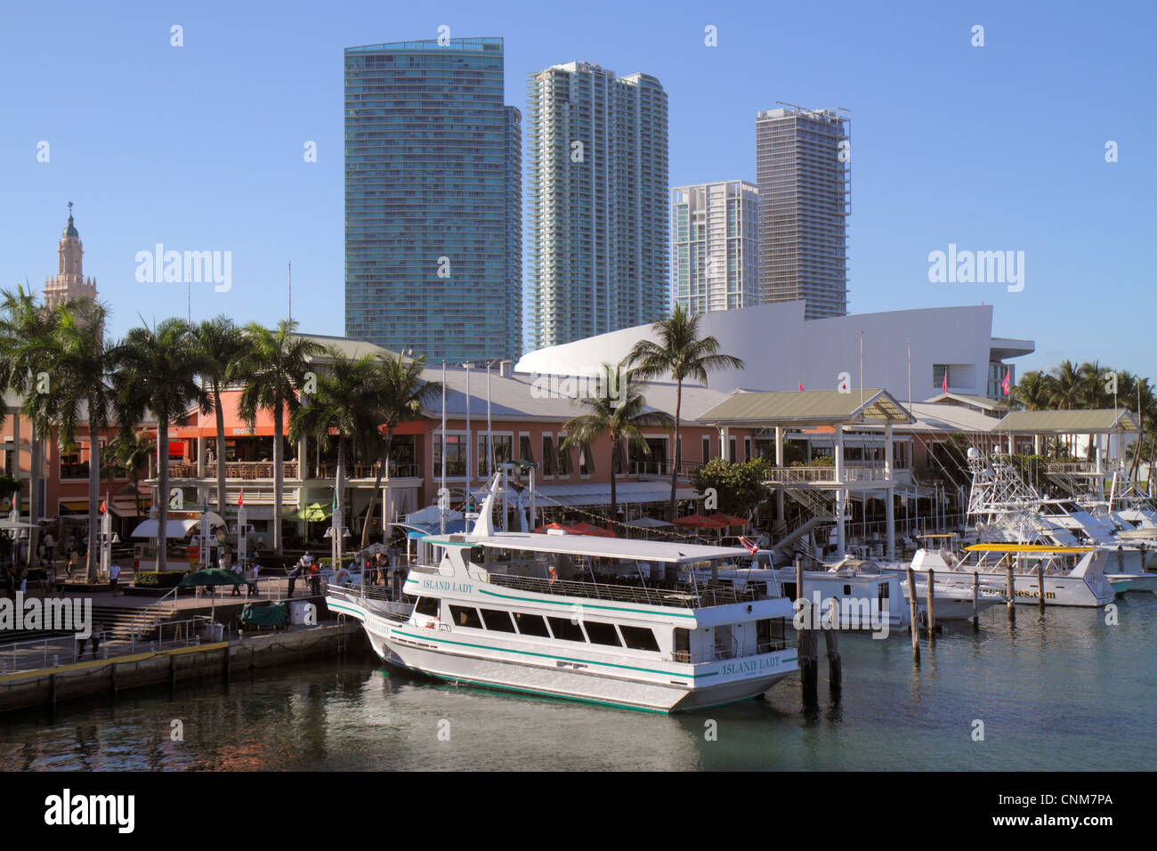 Miami Florida,Bayside Marketplace,Marina,Biscayne Bay,Island Lady,tour boat,high rise,condominiums,FL120311086 Stock Photo