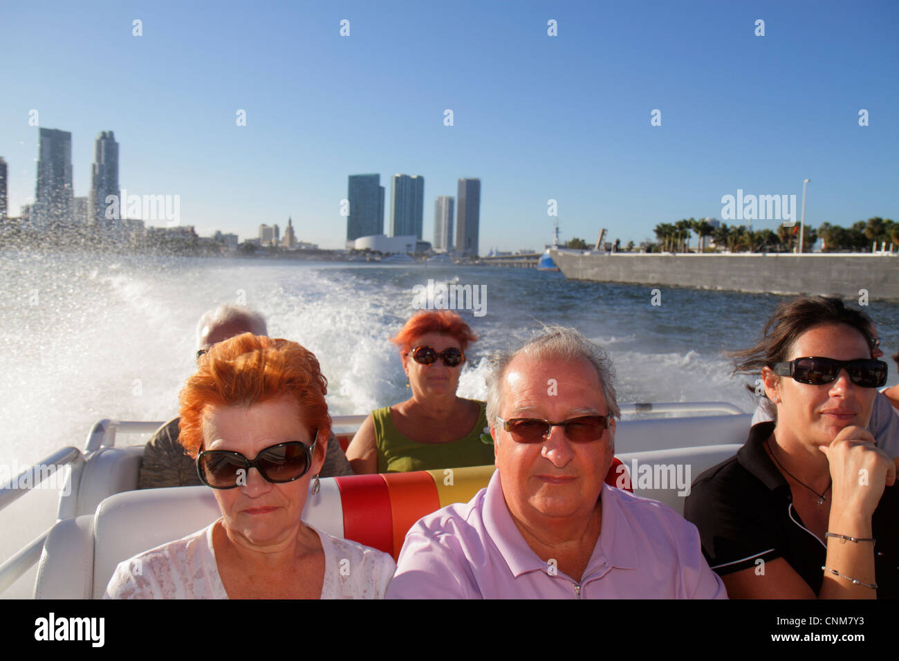 Miami Florida,Biscayne Bay water,Thriller Speedboat tour,senior seniors old older citizen citizens pensioner pensioners retired elderly,adult adults m Stock Photo