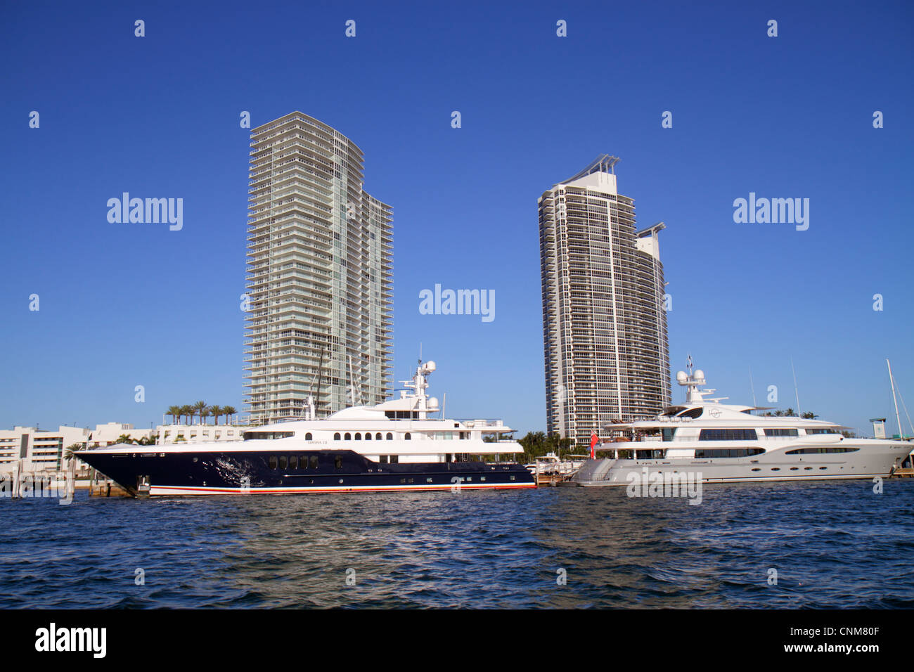 Miami Beach Florida,Biscayne Bay,large yachts,high rise,condominiums,ICON,Murano Grande,water,FL120311101 Stock Photo