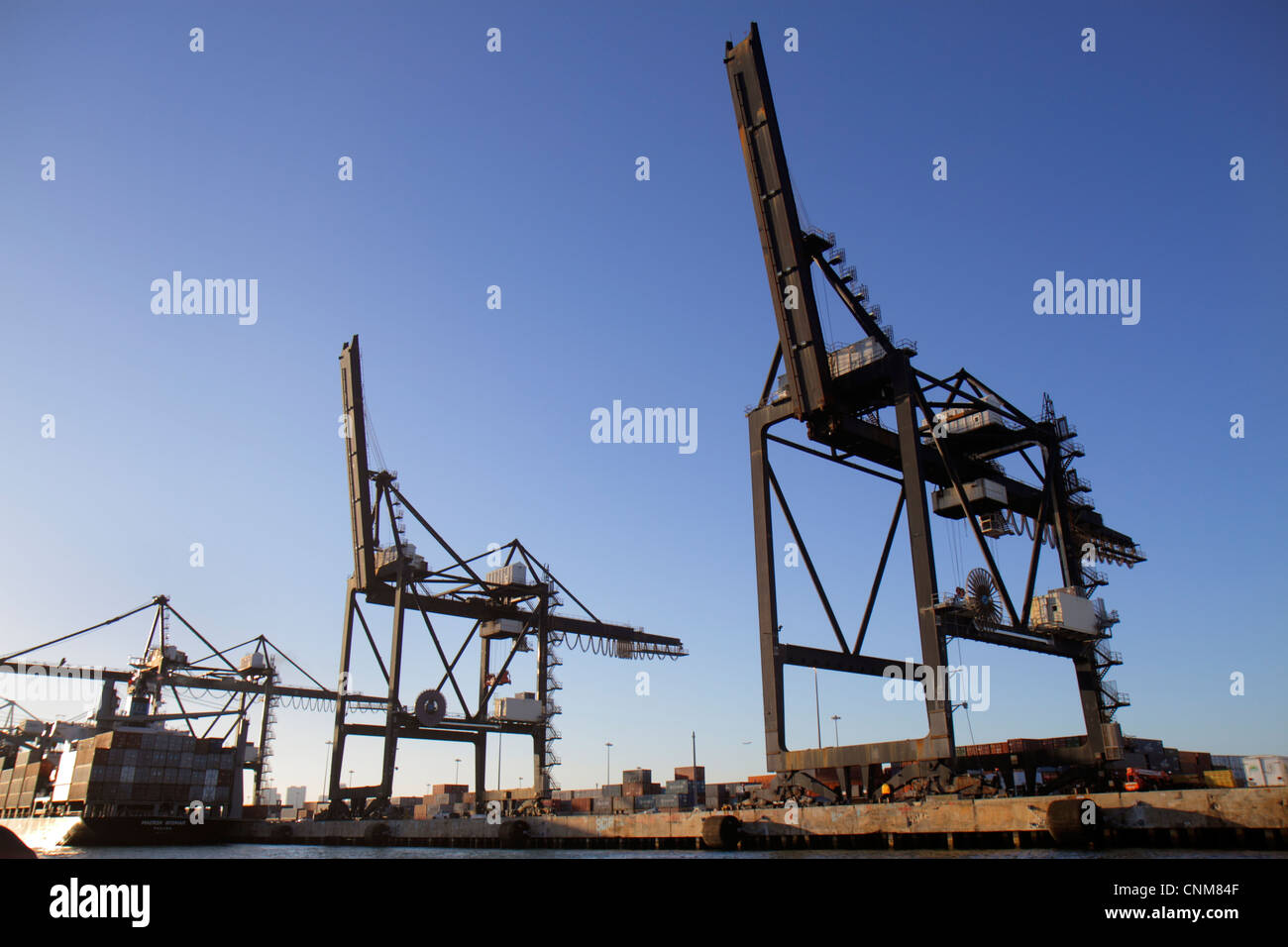 Miami Florida,Biscayne Bay,Dodge Island,Port of Miami,cargo container lift cranes,ship,FL120311118 Stock Photo