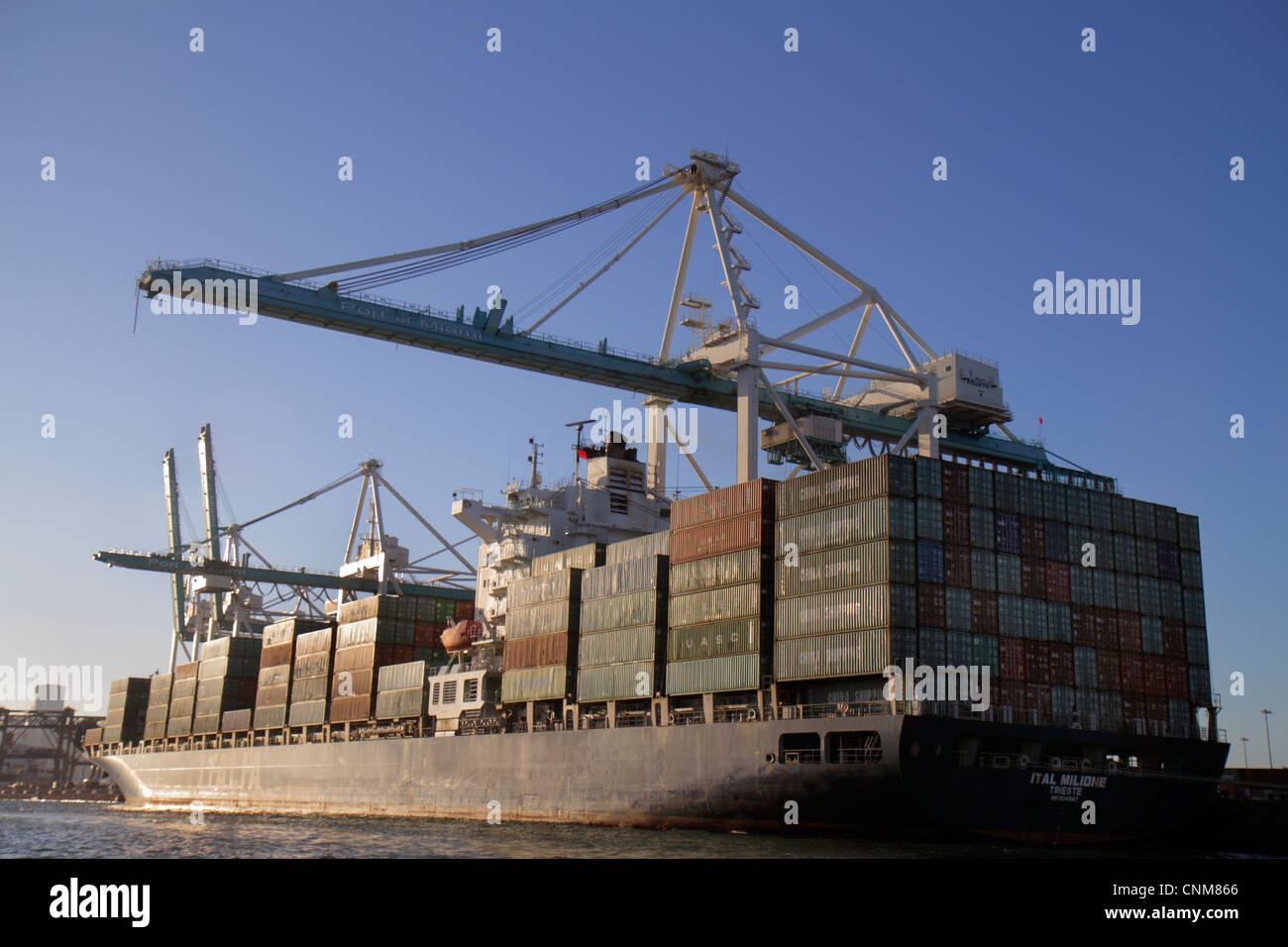 Miami Florida,Biscayne Bay,Dodge Island,Port of Miami,cargo container lift cranes,ship,FL120311124 Stock Photo