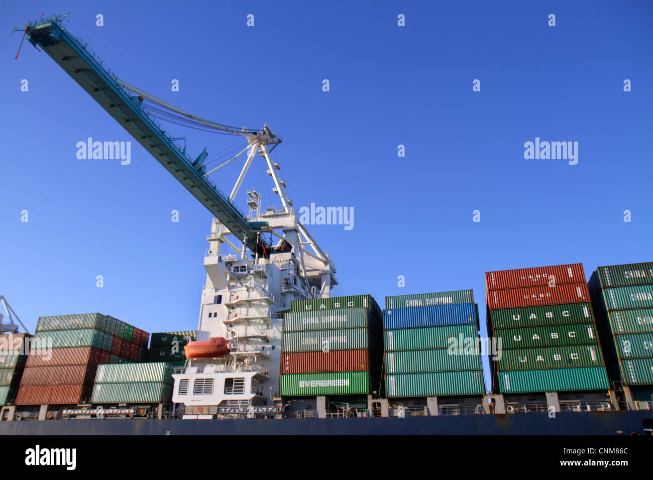 Miami Florida,Biscayne Bay,Dodge Island,Port of Miami,cargo container lift cranes,ship,FL120311125 Stock Photo