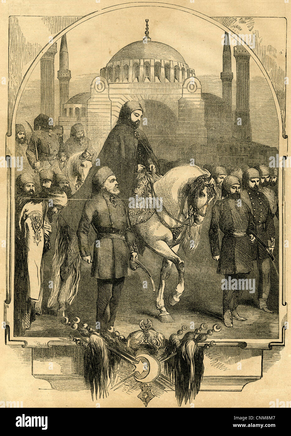 1854 engraving, The Sultan of Turkey Proceeding to Mosque at Constantinople. Stock Photo