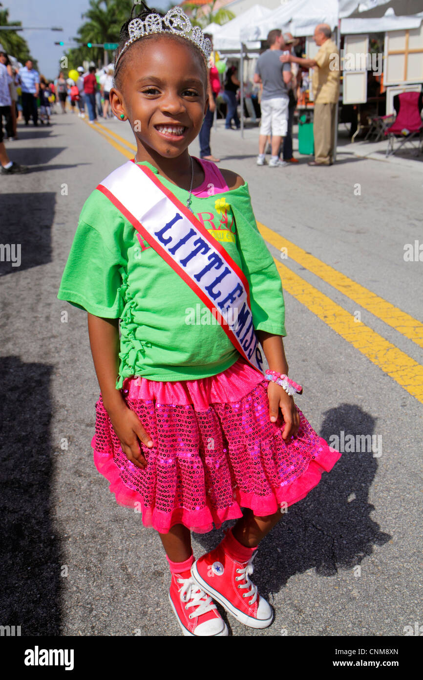 Miami Florida,Hialeah,Palm Avenue,Art on Palm,fair,festival,Black girl girls,youngster,female kids children beauty pageant contestant,crown,winner,ban Stock Photo
