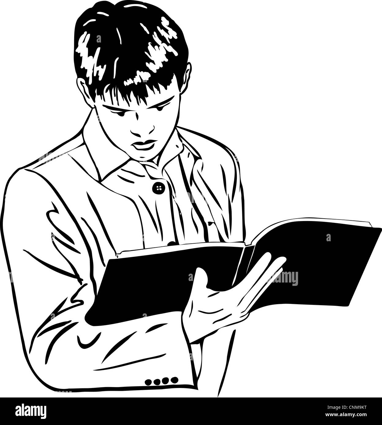 a sketch of boy attentively reading a large notebook Stock Photo