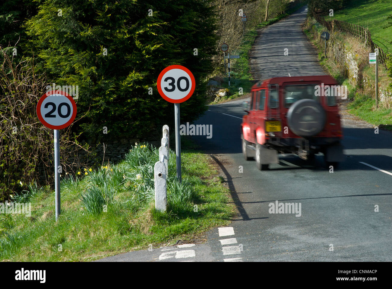 20mph and 30mph zones in the village of Troutbeck, Lake District National Park, Cumbria, England UK Stock Photo