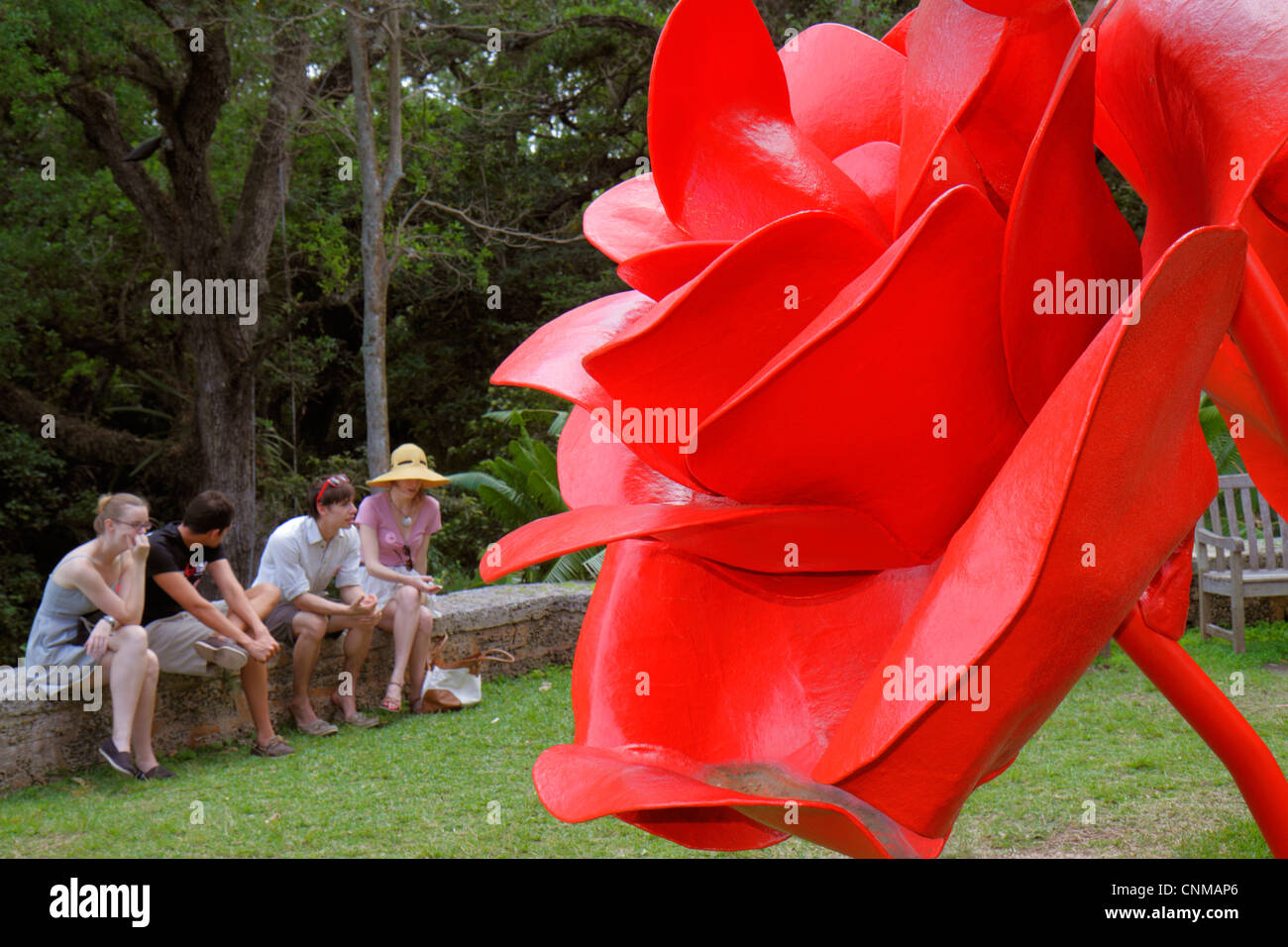 Miami Florida,Coral Gables,Fairchild Tropical Gardens,giant red rose,art artwork installation,artist Will Ryman,adult adults man men male,woman women Stock Photo