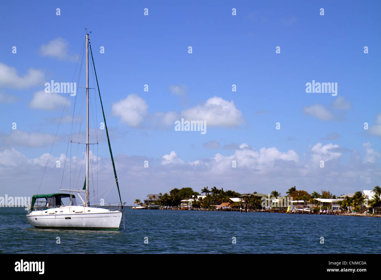 Florida Upper Key Largo Florida Keys,Blackwater Sound,Florida Bay,waterfront homes,houses,palm trees,boat,yacht,anchored,FL120331046 Stock Photo