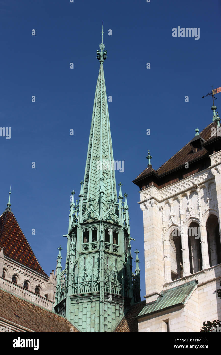 St. Peter's Cathedral spire, Geneva, Switzerland, Europe Stock Photo