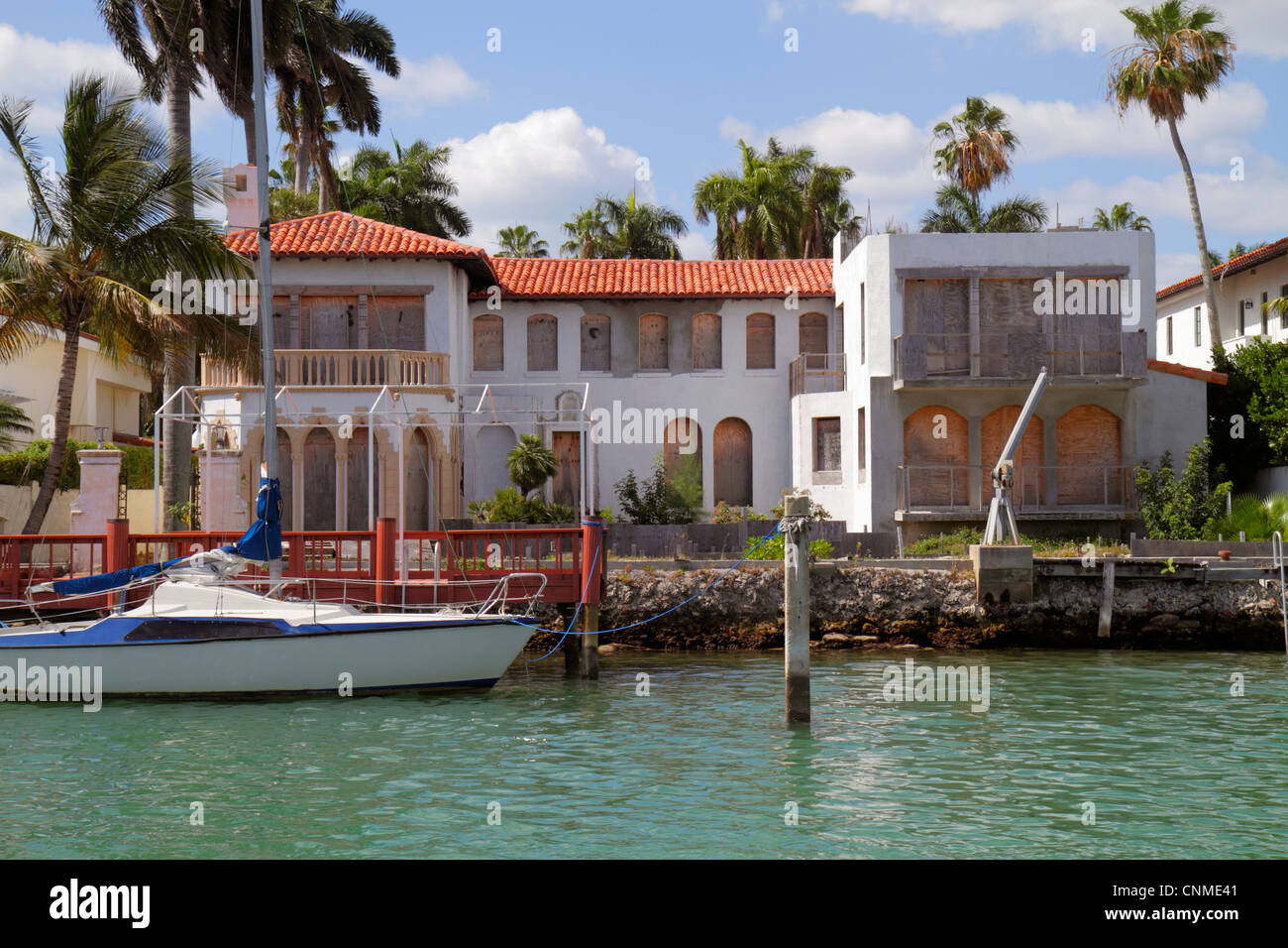 Miami Beach Florida,Biscayne Bay,Palm Island,49 Palm Avenue,waterfront home,mansion,celebrity,boarded up,FL120331125 Stock Photo