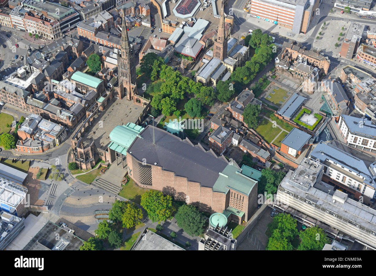 Aerial photograph showing both the ruined Coventry Cathedral and the New. Stock Photo