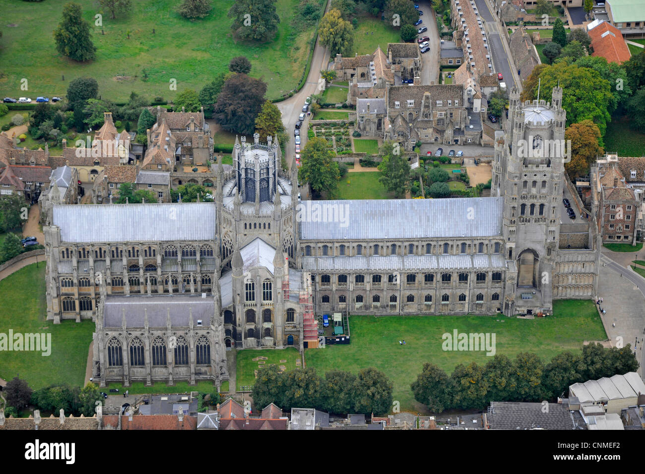Aerial photograph of Ely Cathedral and surrounding town. Stock Photo