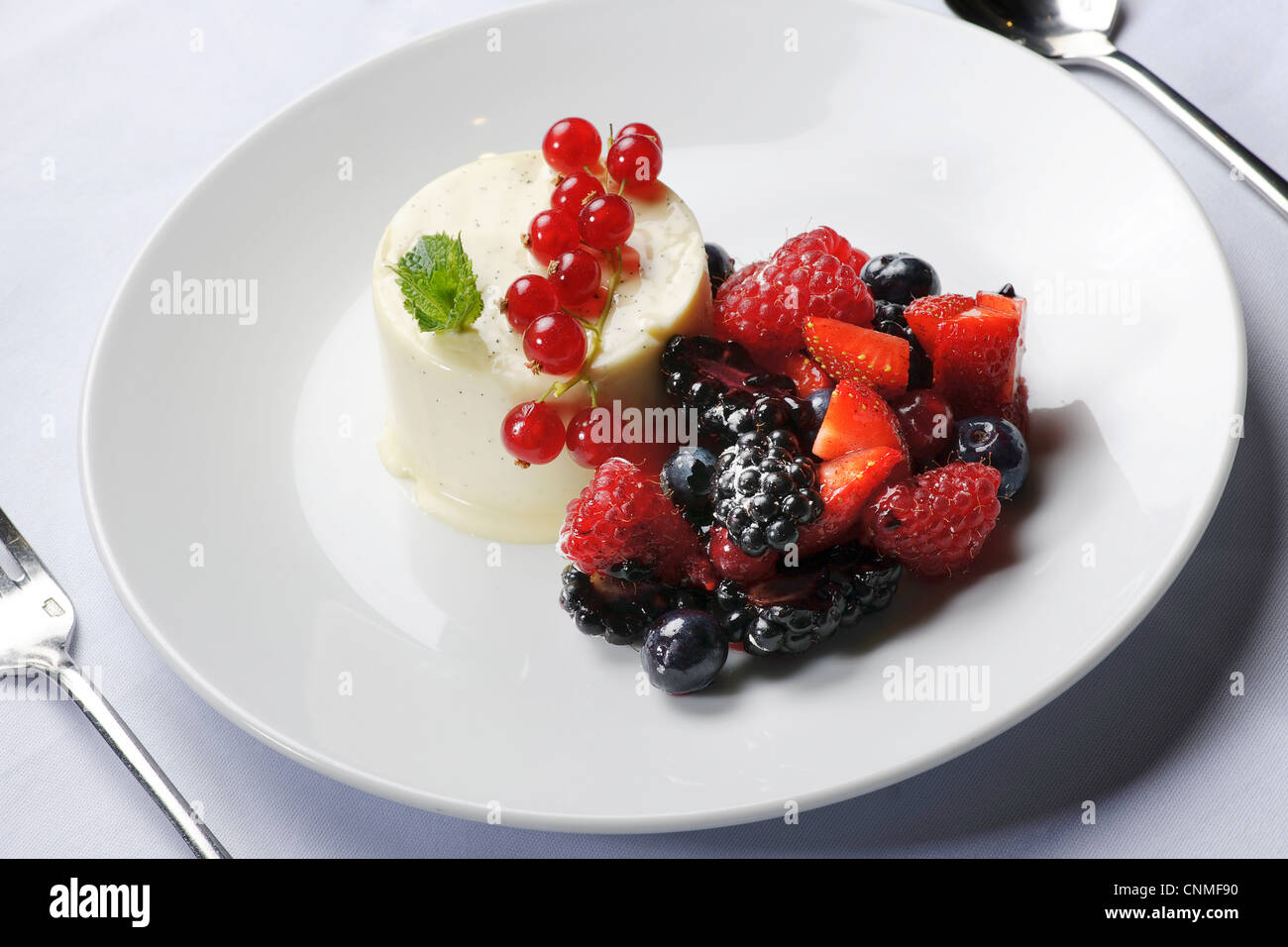 fruit pudding dessert blackberry, blueberry, raspberry red currants and strawberries on white tablecloth on restaurant table Stock Photo
