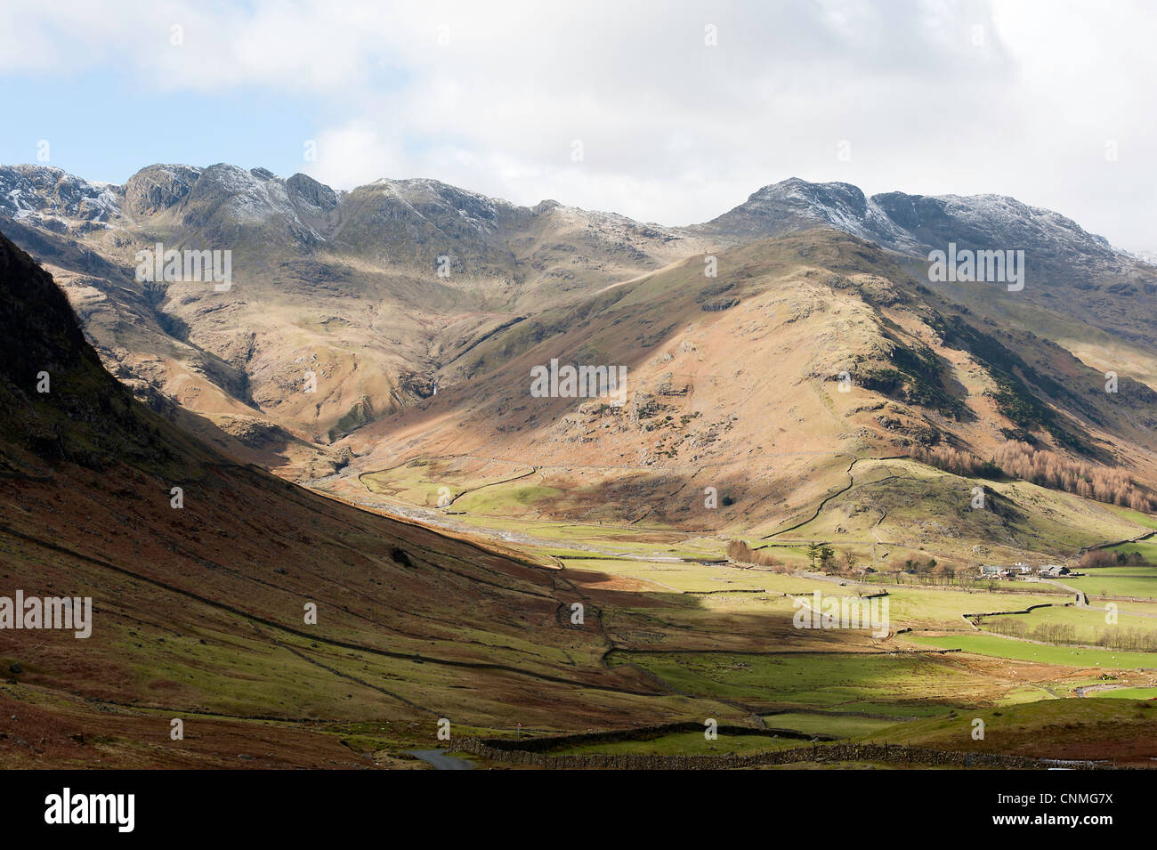 Lakeland View of Langdale Valley with Oxendale Beck, The Band and Bow Fell Mountain Lake District Cumbria England UK Stock Photo