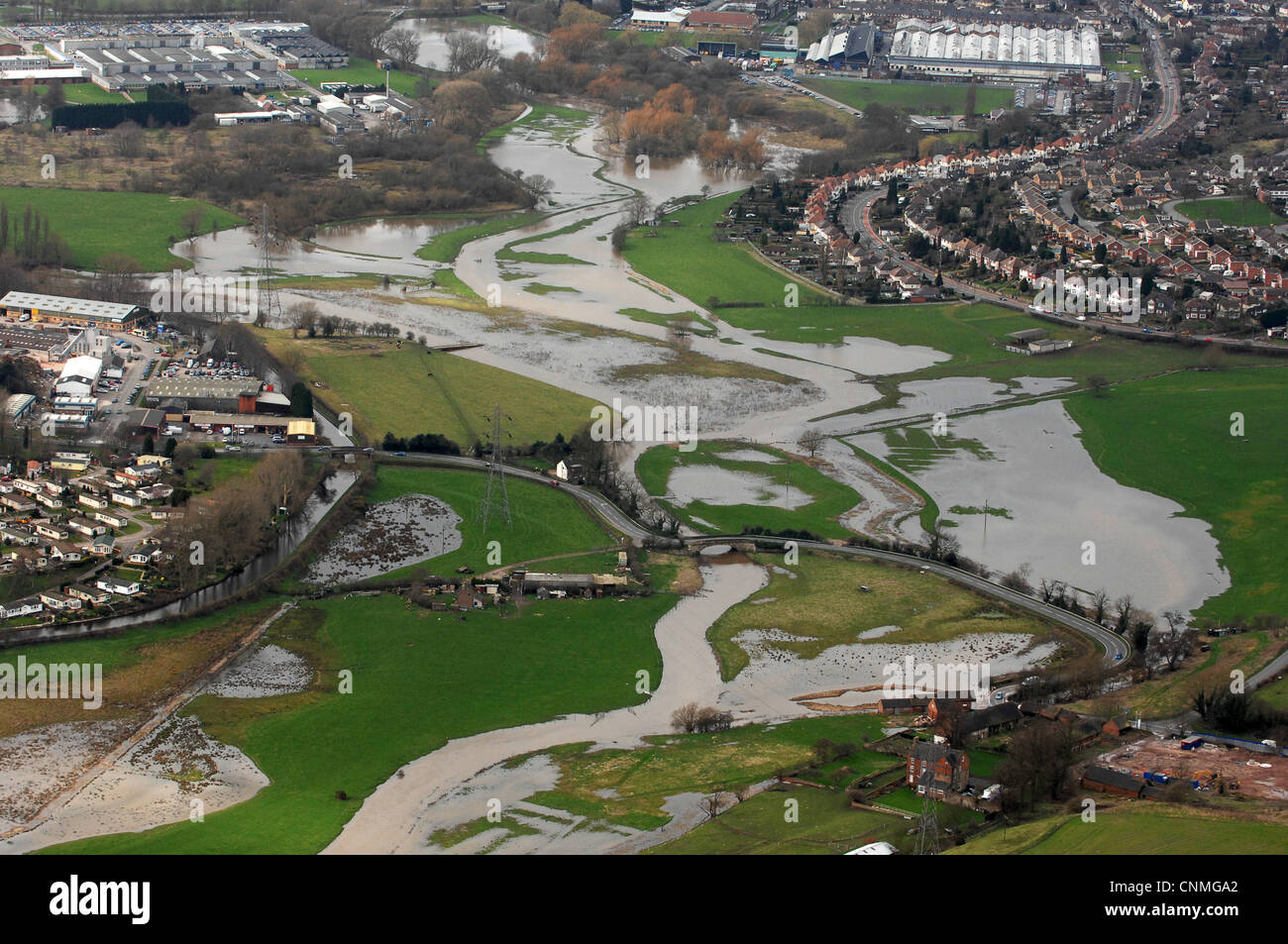 Aerial view of the River Sow in flood near Baswich on the east side of