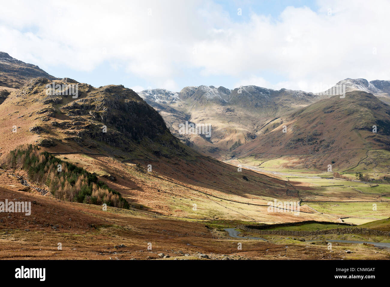 Lakeland View of Langdale Valley with Oxendale Beck, The Band and Bow Fell Mountain Lake District Cumbria England UK Stock Photo