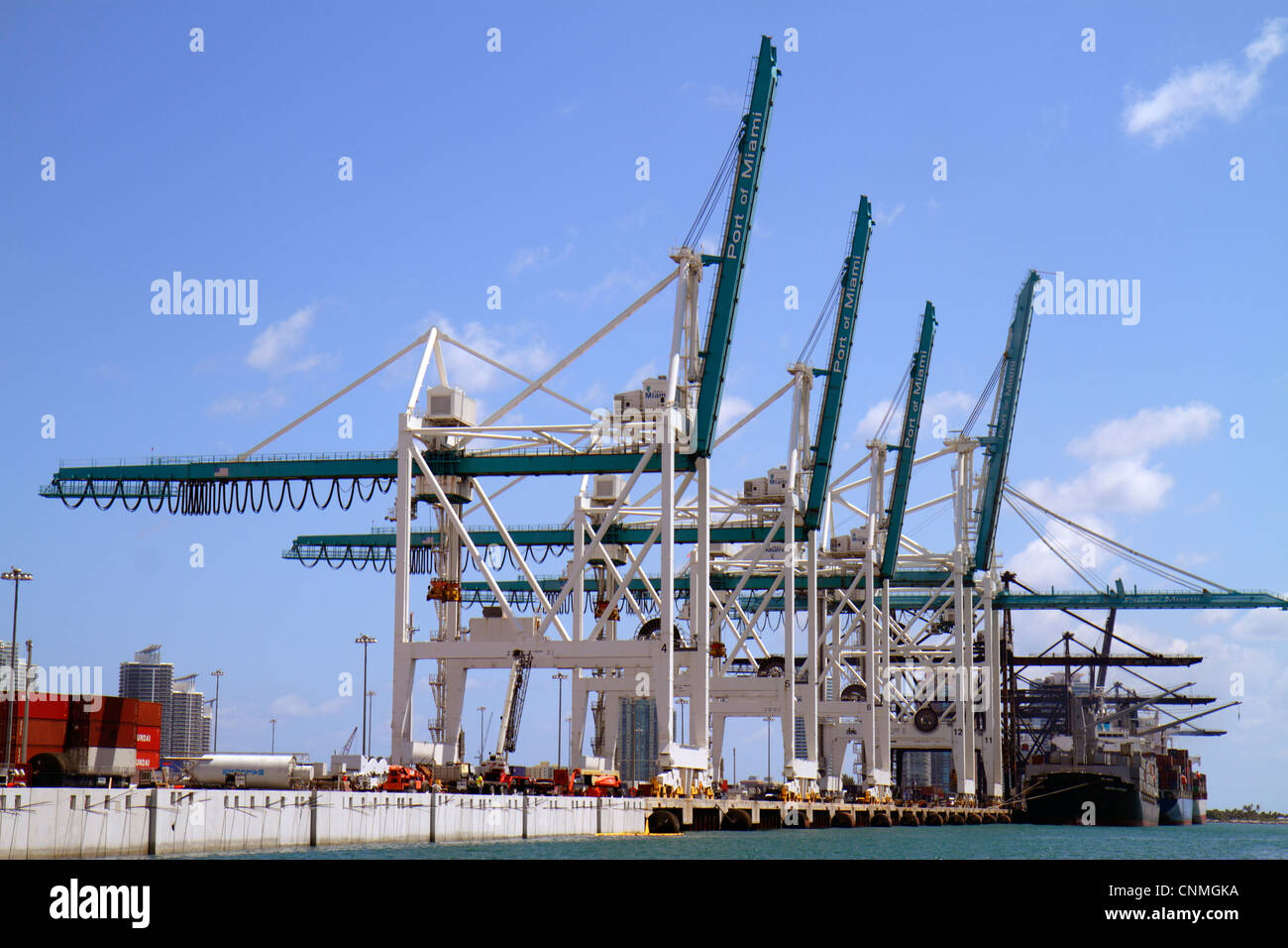 Miami Florida,Biscayne Bay,Port of Miami,Dodge Island,cargo container ship,cranes,idle,FL120331187 Stock Photo
