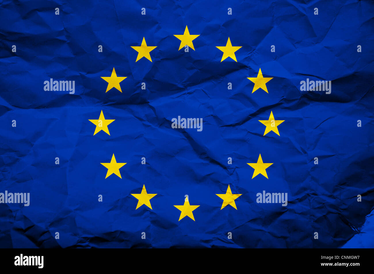 Grunge blue Europian Union flag with yellow stars overlaying a grungy ...