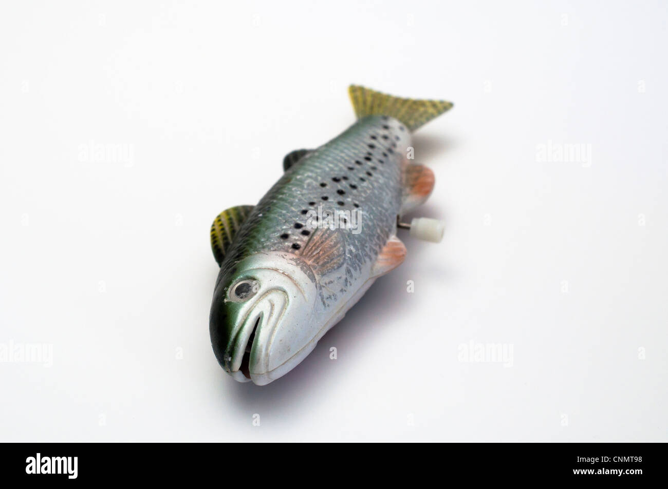 Fish out of water - a toy clockwork fish on a white background Stock Photo