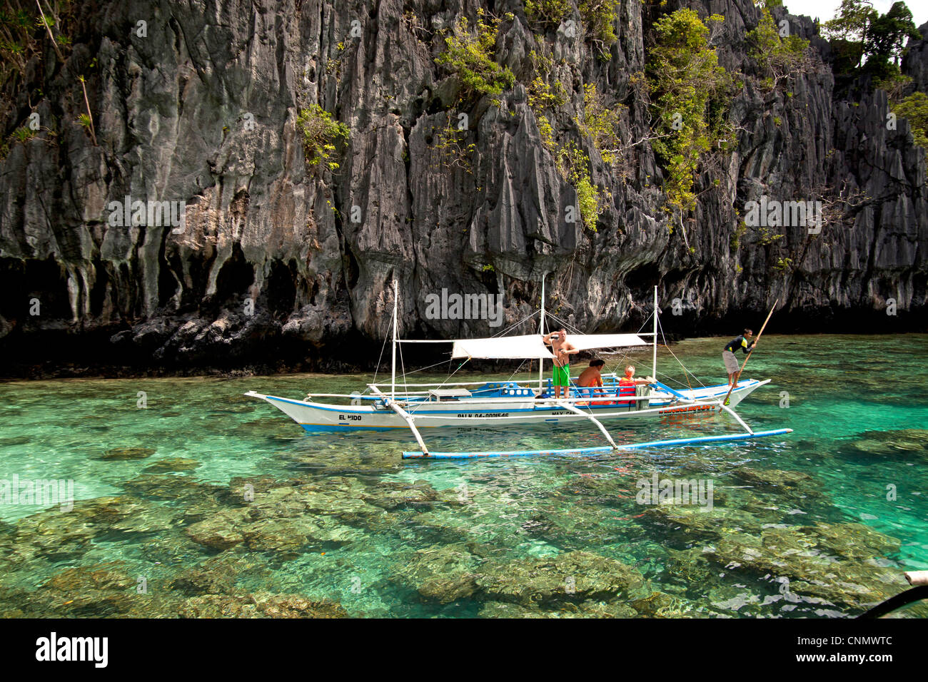 typical outrigger boat at the small lagoon of Miniloc Island, El Nido, Palawan, Philippines, Asia Stock Photo