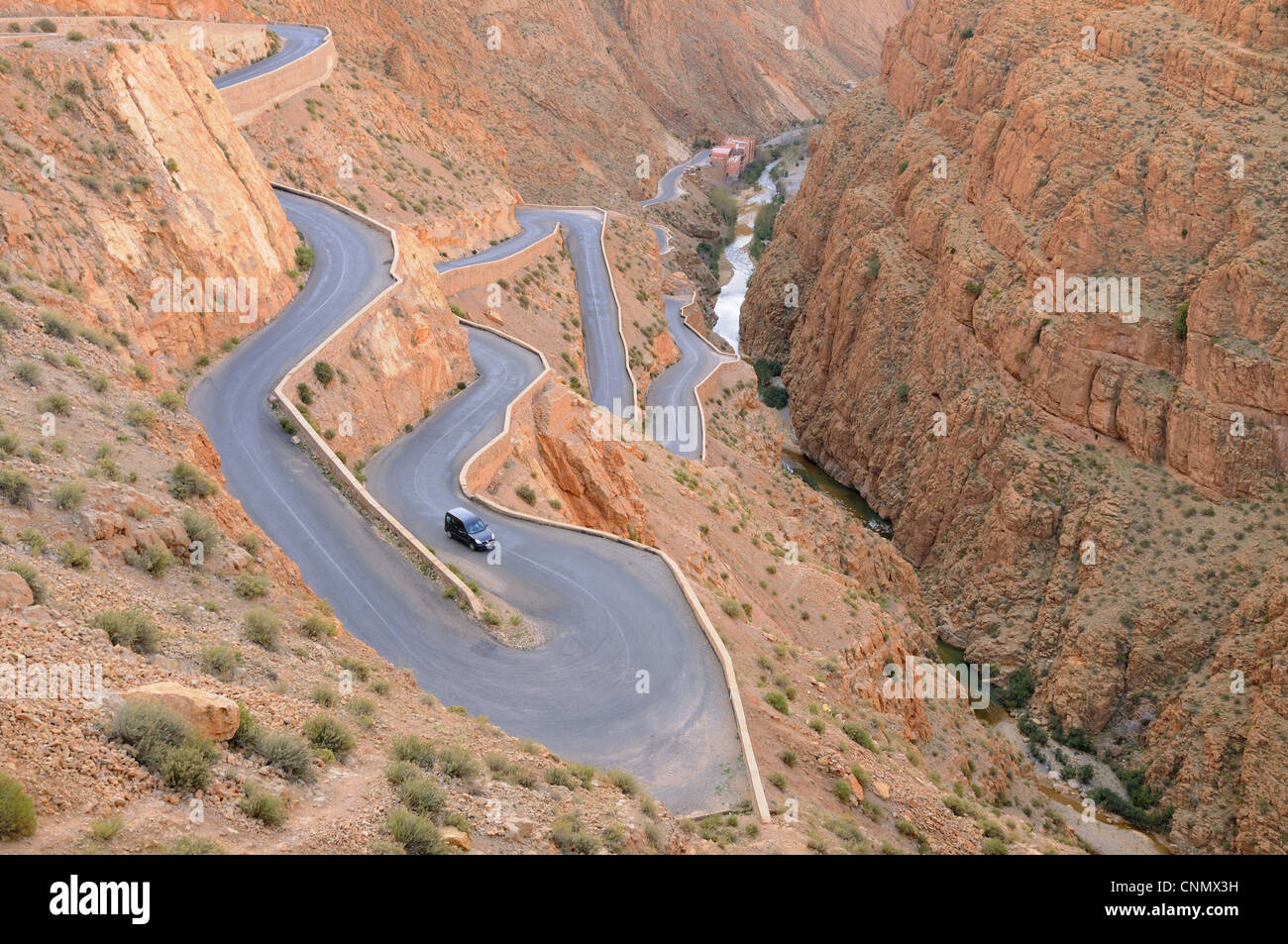 Mountain pass with hairpin bends on road, Dades Gorge, Atlas Mountains, Morocco, january Stock Photo