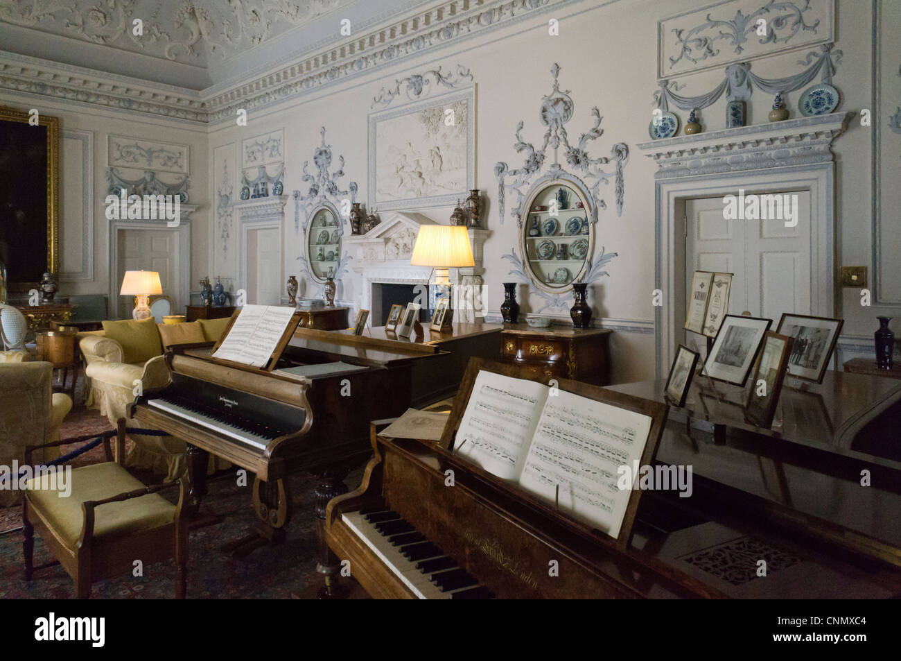 Wallington Hall, Northumberland, UK. Drawing room interior. With two grand pianos for duets. Stock Photo